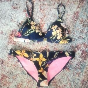 Floral Bikini Set - Black and Pink